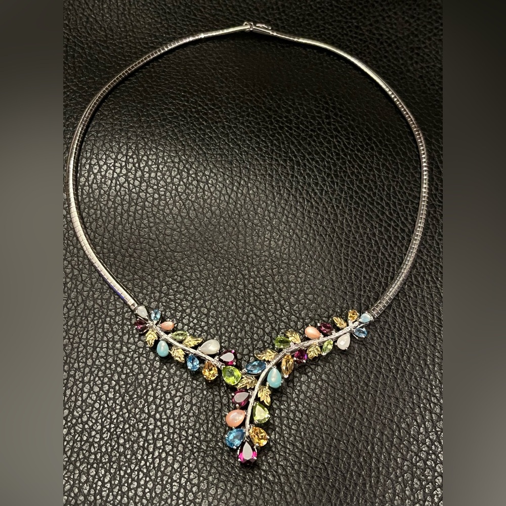 Sterling Silver Omega Necklace w/semi precious gemstones & gold plated leaves